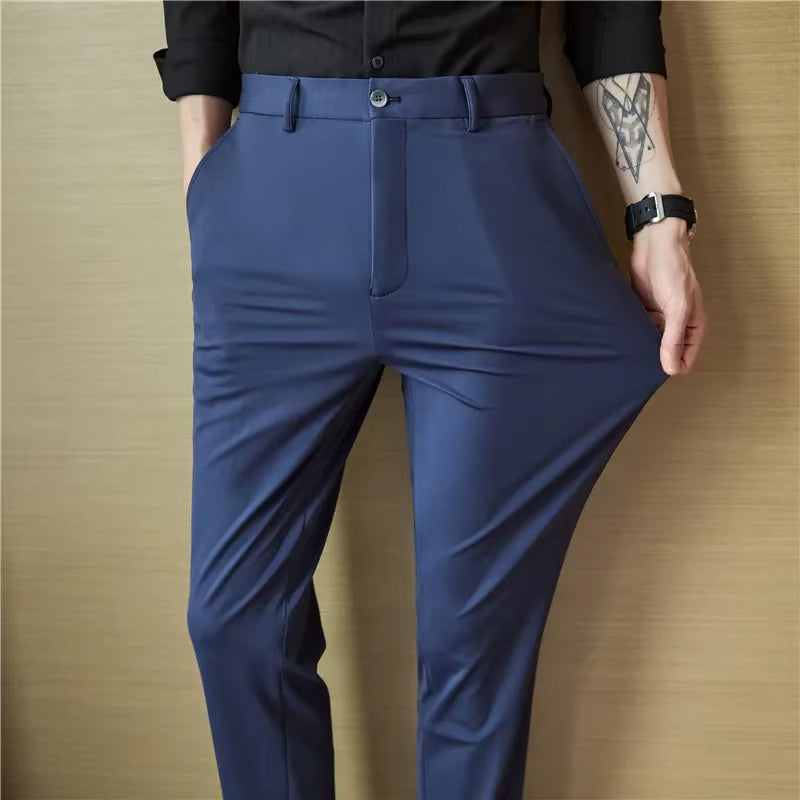 Mens Dress Pants Trousers 2025 Summer New Thin Breathable Solid Casual High Elastic Slim Fit Suit Pants Streetwear Men Clothing