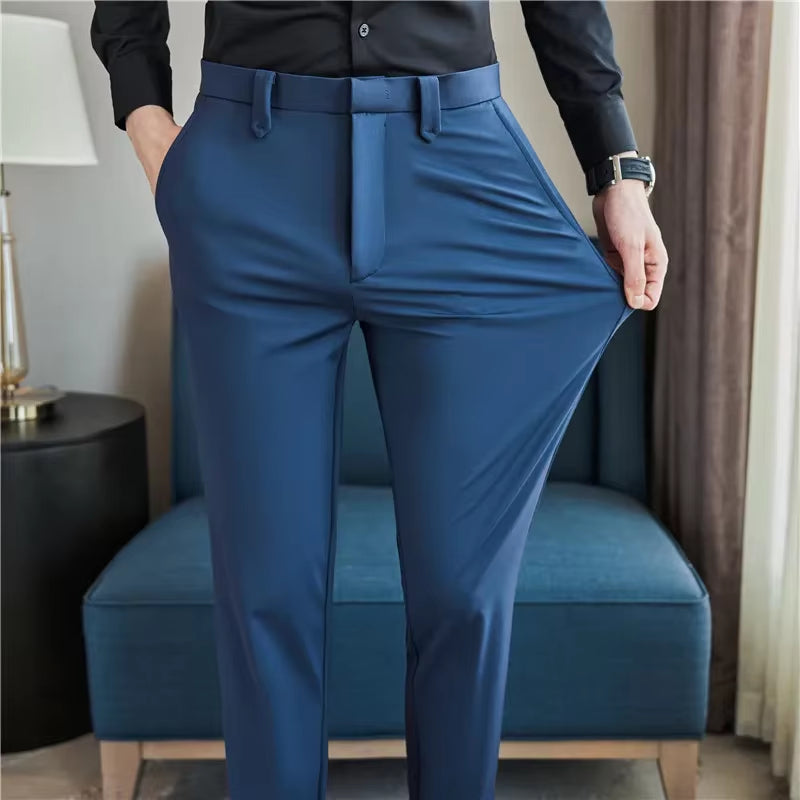 Mens Dress Pants Trousers 2025 Summer New Thin Breathable Solid Casual High Elastic Slim Fit Suit Pants Streetwear Men Clothing