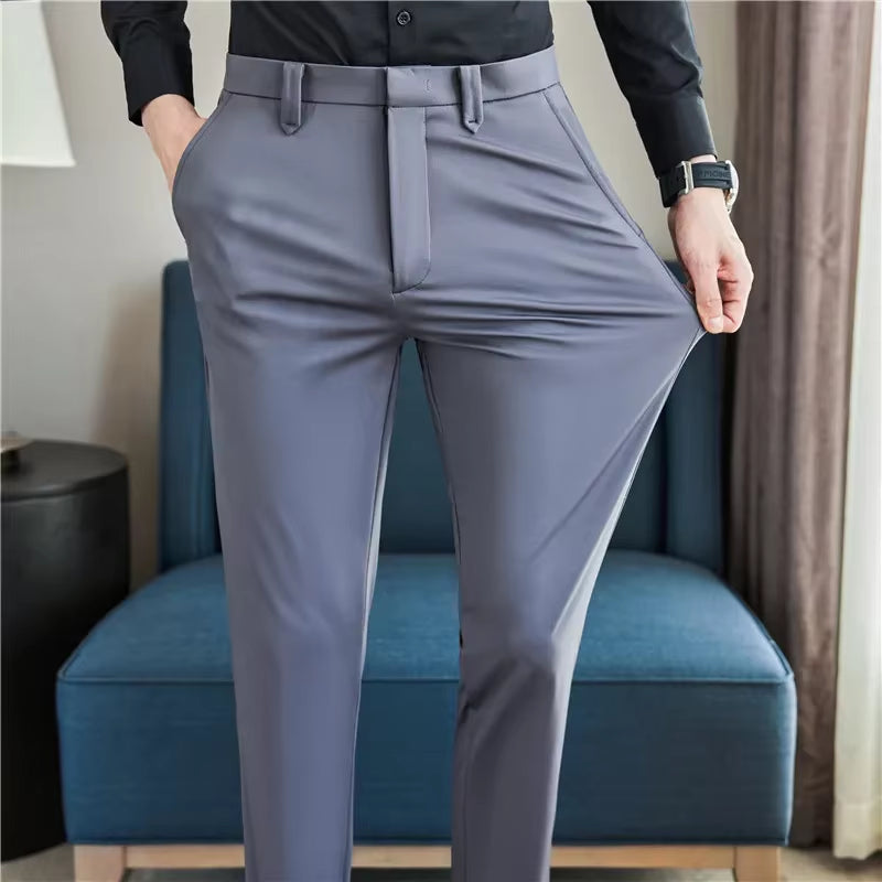 Mens Dress Pants Trousers 2025 Summer New Thin Breathable Solid Casual High Elastic Slim Fit Suit Pants Streetwear Men Clothing