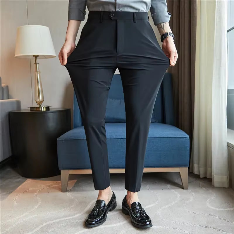 Mens Dress Pants Trousers 2025 Summer New Thin Breathable Solid Casual High Elastic Slim Fit Suit Pants Streetwear Men Clothing
