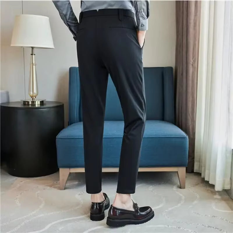 Mens Dress Pants Trousers 2025 Summer New Thin Breathable Solid Casual High Elastic Slim Fit Suit Pants Streetwear Men Clothing