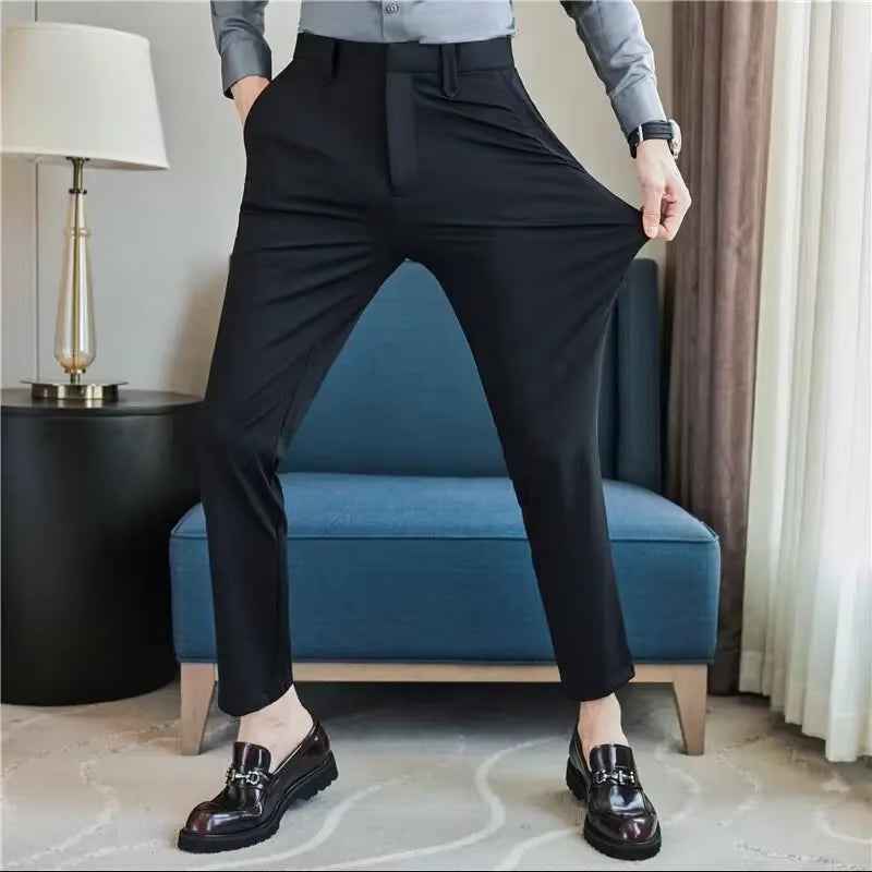 Mens Dress Pants Trousers 2025 Summer New Thin Breathable Solid Casual High Elastic Slim Fit Suit Pants Streetwear Men Clothing