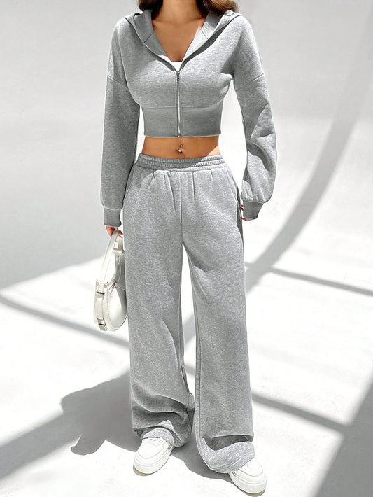 Ezwear Women'S Spring Fashionable Pink Zip Front Hooded Sweatshirt and Pants Two Pieces Set