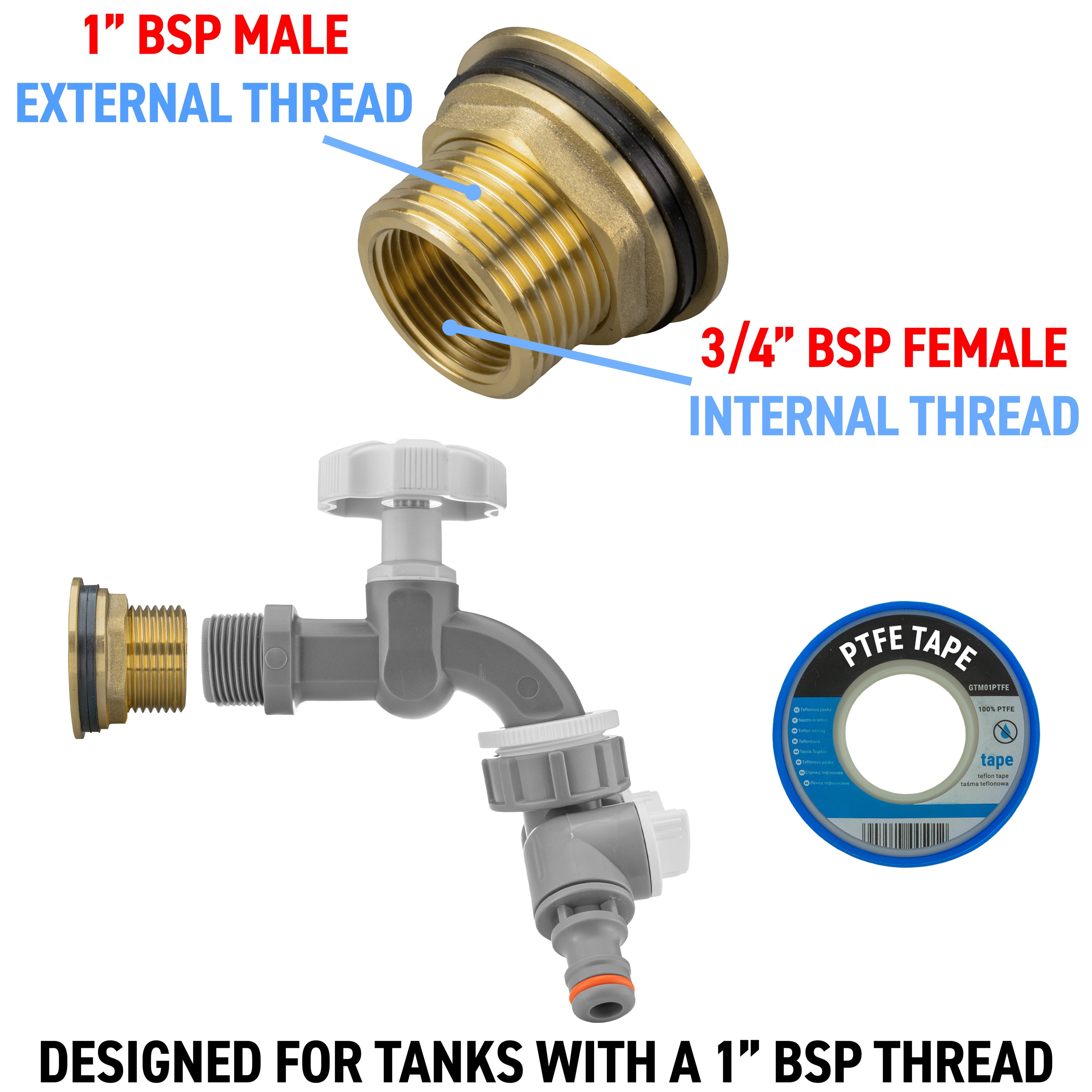 Water Butt Brass Kit 1" with Grey Dial Tap + Two-Way Splitter-2