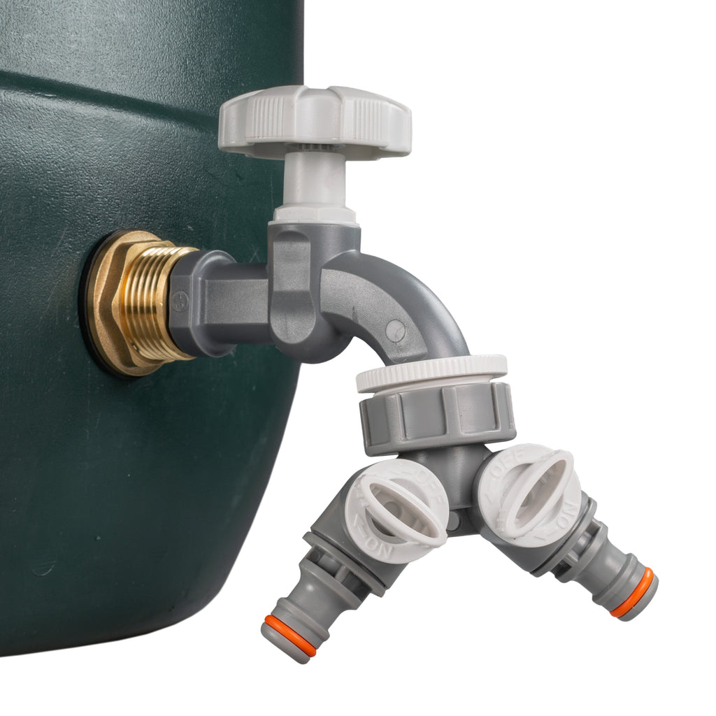 Water Butt Brass Kit 1" with Grey Dial Tap + Two-Way Splitter-4