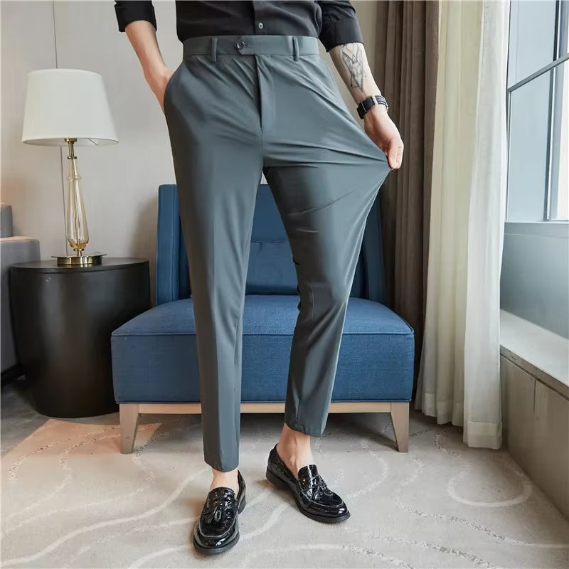 Mens Dress Pants Trousers 2025 Summer New Thin Breathable Solid Casual High Elastic Slim Fit Suit Pants Streetwear Men Clothing