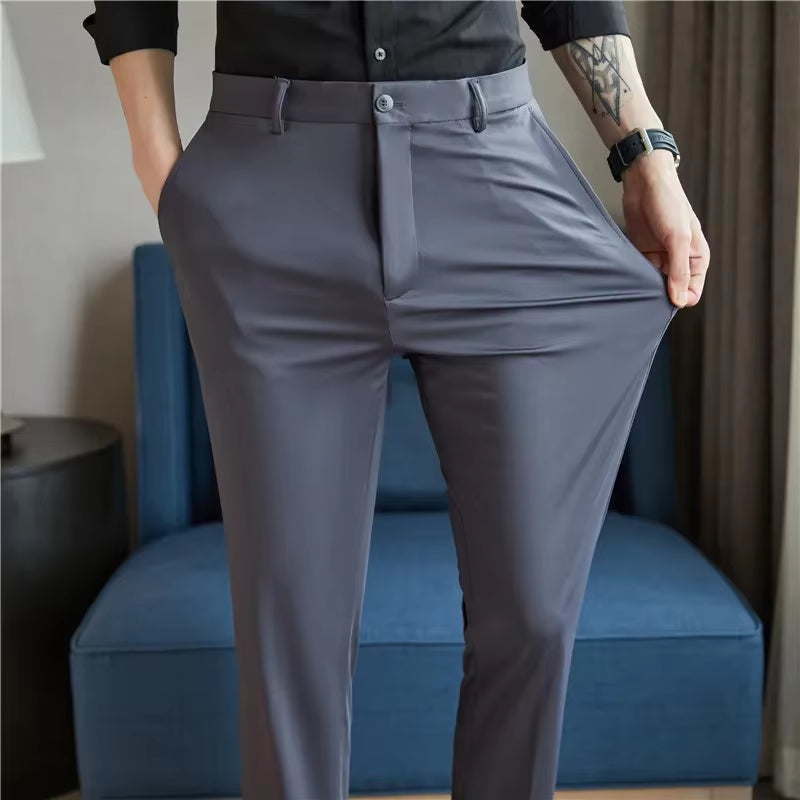 Mens Dress Pants Trousers 2025 Summer New Thin Breathable Solid Casual High Elastic Slim Fit Suit Pants Streetwear Men Clothing