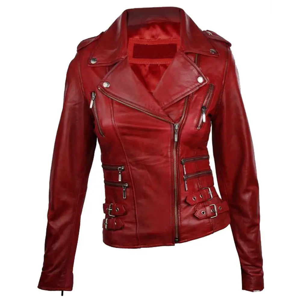 Women's Wine Red Waxed Motorcycle Leather Jacket-0
